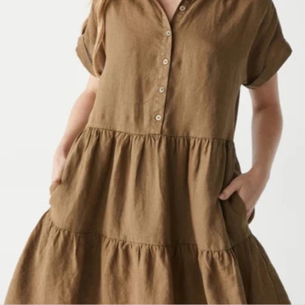 Michael Stars Greta short sleeve linen swing dress brown khaki size small NWT - Picture 4 of 11